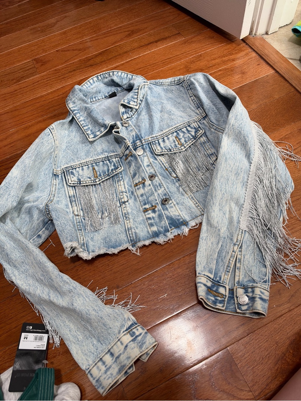 SHEIN Light Blue Cropped Fringe Denim Jacket